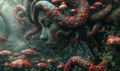 Obraz premium Abstract Mushroom-Faced Woman with Tentacles