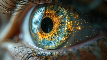 A close up shot of a human eye, focusing on the iris, with a digital display overlayed. The display shows various numbers and symbols, creating a futuristic aesthetic.