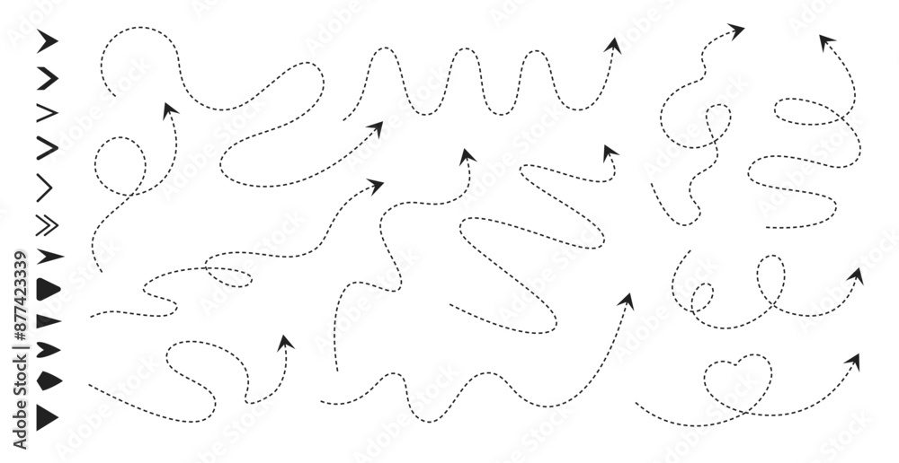 Poster Dash line arrows. Route paths with arrow icons, roadmap direction pointer and navigation lines. Dashed routes with different arrowhead styles vector set. Curved dotted thin isolated way.
