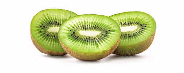 Fototapeta premium Close-up of kiwi halves with their fuzzy brown skins and green flesh.