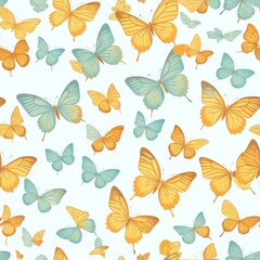 Obraz premium A seamless pattern of watercolor butterflies in shades of pink and azure on a white background, showcasing pollinator insects and arthropods in a beautiful painting