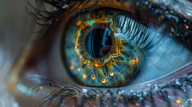 A close-up shot of a human eye with a glowing circuitry design around the pupil. Close up - Powered by Adobe