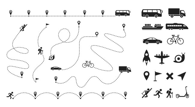 Dashed line route. Travel navigation routes with dash line path, location pins and transportation shipping delivery icons, ship and plane, train and car. Roadmap paths for infographic. Way vector set.