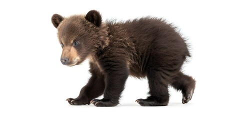 Fototapeta premium Adorable brown bear cub posing on white background in profile view. Concept Wildlife Photography, Animal Portraits, White Background, Bear Cub, Profile View
