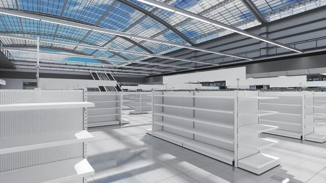 Supermarket interior with rows of racks and a vaulted transparent roof overlooking the sky with clouds. Clouds move in the sky, shadows move along the wall and floor of the supermarket. 3d animation