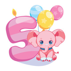 A cute illustration for a children's birthday with a baby elephant and a figure candle. Soft bright colors, a postcard or a party invitation for a girl of five year old