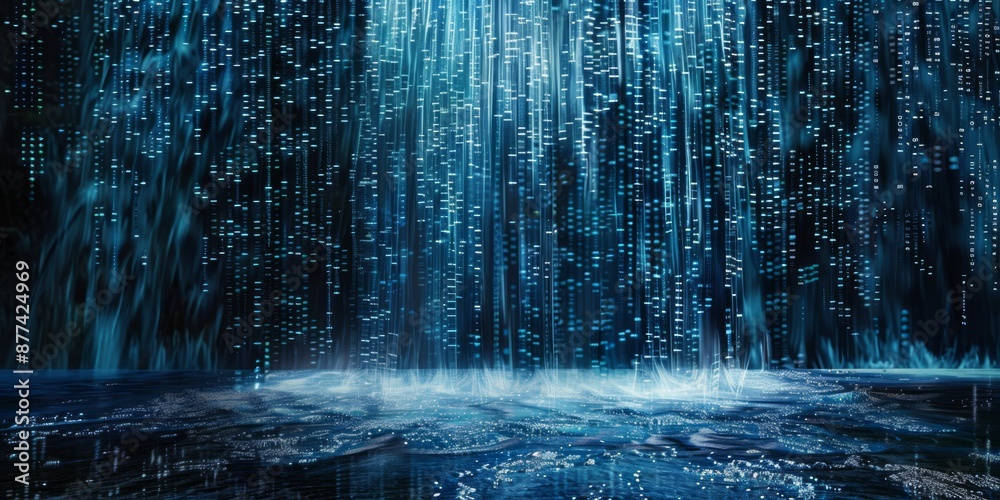 Poster flowing binary code waterfall cascading down abstract digital background concept