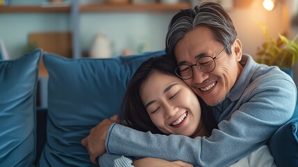 A joyful father and daughter share a warm embrace on a cozy couch, highlighting the bond and affection in a heartwarming family moment.