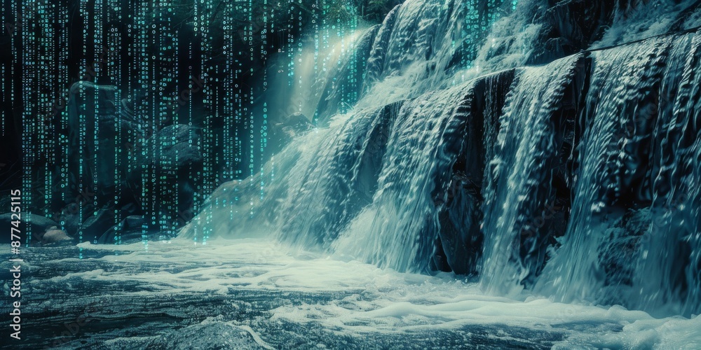 Poster flowing binary code waterfall cascading down indigital data stream.