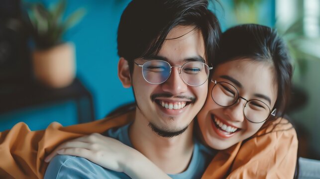 Happy young couple with glasses smiling and embracing each other indoors. Warm and loving moment captured in a cozy home setting.