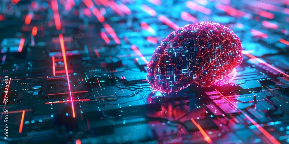 Poster glowing data nodes neon style artificial intelligence brain visualization