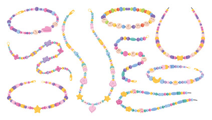 Beaded friendship bracelets and necklaces. Handmade jewelry, crafty DIY fashion accessories for kids and teens. Hippie bracelet, necklace string with love, BFF and friends beads vector set.