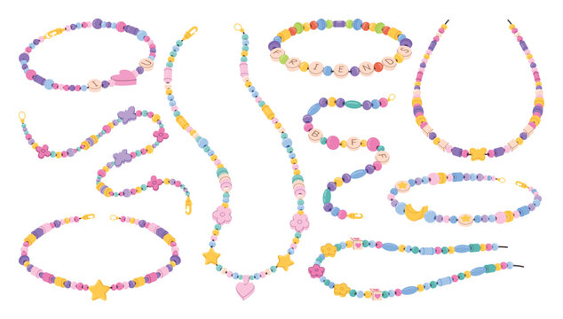 Beaded friendship bracelets and necklaces. Handmade jewelry, crafty DIY fashion accessories for kids and teens. Hippie bracelet, necklace string with love, BFF and friends beads vector set.