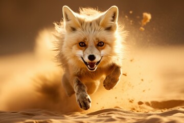 Naklejka premium Captivating red fox captured in full sprint, kicking up desert sand at golden hour