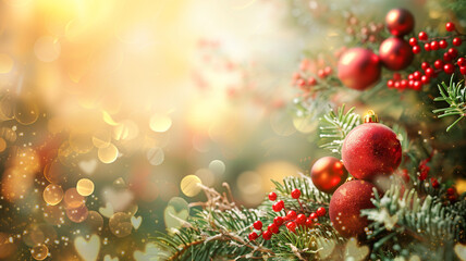 Red christmas baubles on a fir branch, bokeh fairy light, banner, background or greeting card, winter season