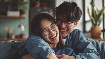 Happy couple embracing and laughing together at home in cozy setting, enjoying each other's company and sharing moments of joy.