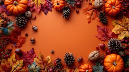Autumn-themed border featuring pumpkins, pinecones, and colorful leaves on an orange background. Perfect for fall decorations and seasonal designs.