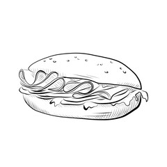 drawing lines. art-line sandwich with ham, greens, cheese. Vector