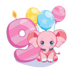 A cute illustration for a children's birthday with a baby elephant and a figure candle. Soft bright colors, a postcard or a party invitation for a girl of nine year old