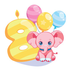 A cute illustration for a children's birthday with a baby elephant and a figure candle. Soft bright colors, a postcard or a party invitation for a girl of eight year old