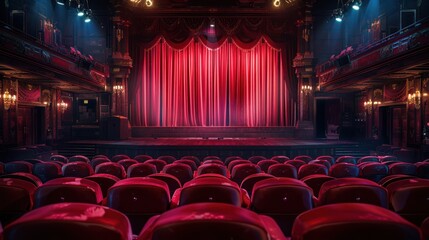 Empty theater with red velvet seats and illuminated stage curtain, captured in low light ambiance, ready for a performance.