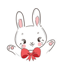 Hand Drawn Cute Bunny and red bow, print design rabbit. Vector