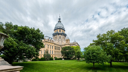 Long view of the Illinois State Capitol Building in Springfield, IL, USA. Cloudy overcast skies...