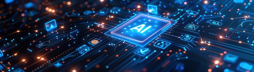 Obraz premium Futuristic AI chip on a digital circuit board, representing artificial intelligence and advanced technology.