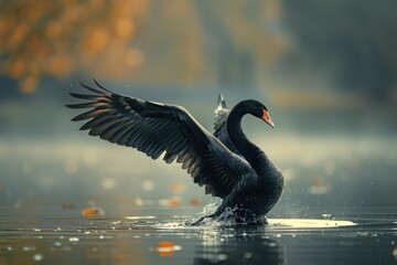 An elegant black swan drifts gracefully on water