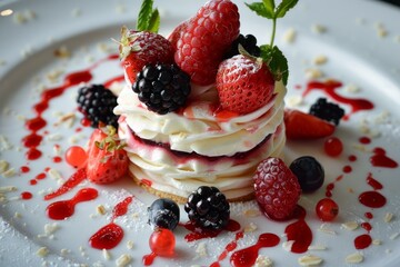 Delicious meringue cake decorated with fresh berries and mint being served on white plate