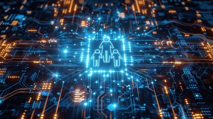 Obraz premium Futuristic digital family concept on circuit board with neon lights, showcasing innovation in technology and connection.