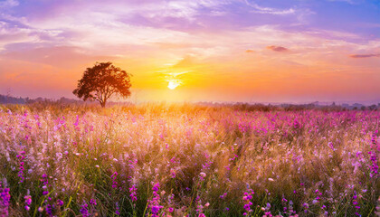 field flower meadow beautiful sunset countryside violet blooming pink nature background