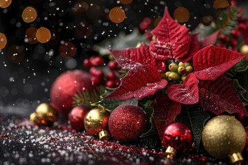 Festive Christmas with poinsettias and baubles