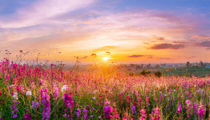 field flower meadow beautiful sunset countryside violet blooming pink nature background