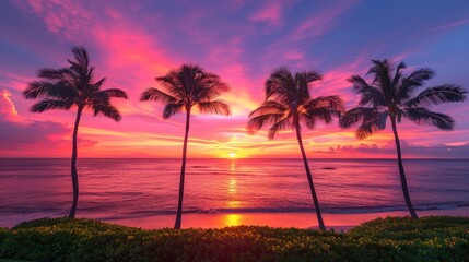 Obraz premium Stunning sunset over a tropical beach with silhouetted palm trees and vibrant, colorful sky reflecting on calm ocean waves.
