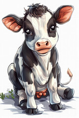 Cute children's illustration of a sitting cow, with big eyes, on white background.