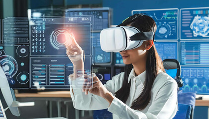 A female doctor in a lab coat uses a digital interface on a futuristic computer screen, stethoscope in hand, symbolizing the future of medicine where technology meets healthcare