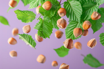 Floating Hazelnuts and Green Leaves Against Vibrant Purple Background