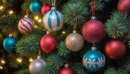 Fototapeta premium Multi-colored, sparkling Christmas balls hang from the branches of an artificial Christmas tree.
