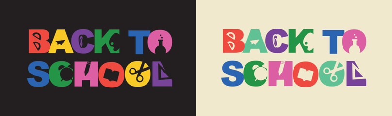 Back to School font with compositions of school supplies. Abstract retro minimal text.