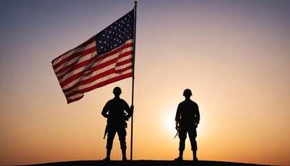 Fototapeta premium Two silhouettes salute the american flag during sunset