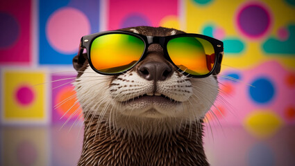 Naklejka premium An otter with sunglasses on is looking directly at the camera, in front of a colorful abstract background