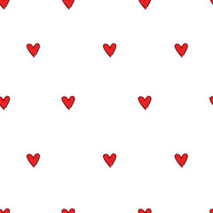 Seamless pattern with hand drawn cute red hearts ink vector illustration