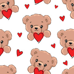 Cute Teddy Bear and hearts pattern seamless, vector illustration Hand Drawn Cute print design