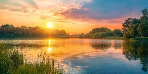 Picturesque Summer Lake Reflection at Sunset - Tranquil Nature Landscape Image