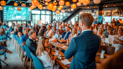 A man in a blue suit speaks into a microphone while facing a seated audience in a contemporary restaurant filled with natural light