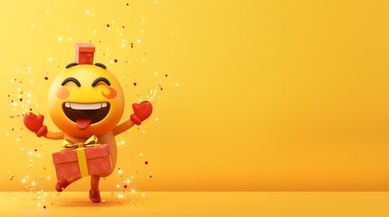 An excited emoji cartoon character with a gift box, saying goodbye with sparkles around it on a bright yellow solid background