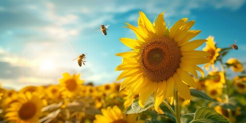 Obraz premium Vibrant Sunflower Field under Clear Blue Sky - Nature Landscape Photography