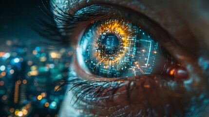 A close-up shot of a human eye with a city skyline reflected in the pupil. The image is a conceptual representation of the interconnectedness of technology and human experience.