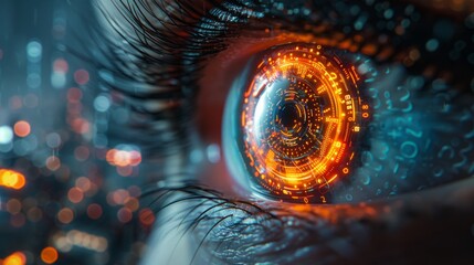 A close-up view of a human eye with a digital interface superimposed over the iris. The interface features a glowing orange and blue design.